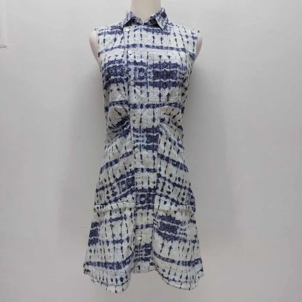 Derek Lam 10 Crosby Shirtdress Women's 8 Blue White Tie Dye Eyelet Coastal Boho